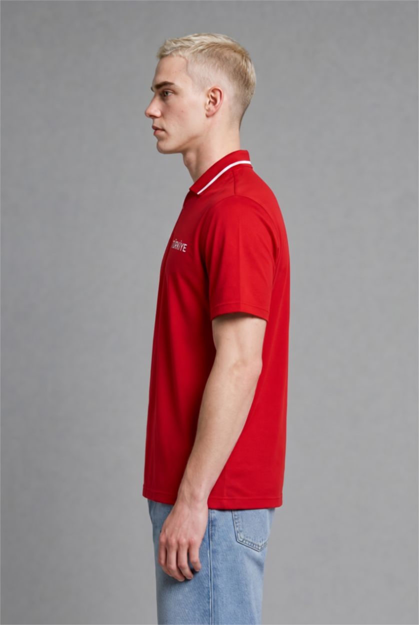 Men Red Boxy Fit Short Sleeve Polo T-Shirt