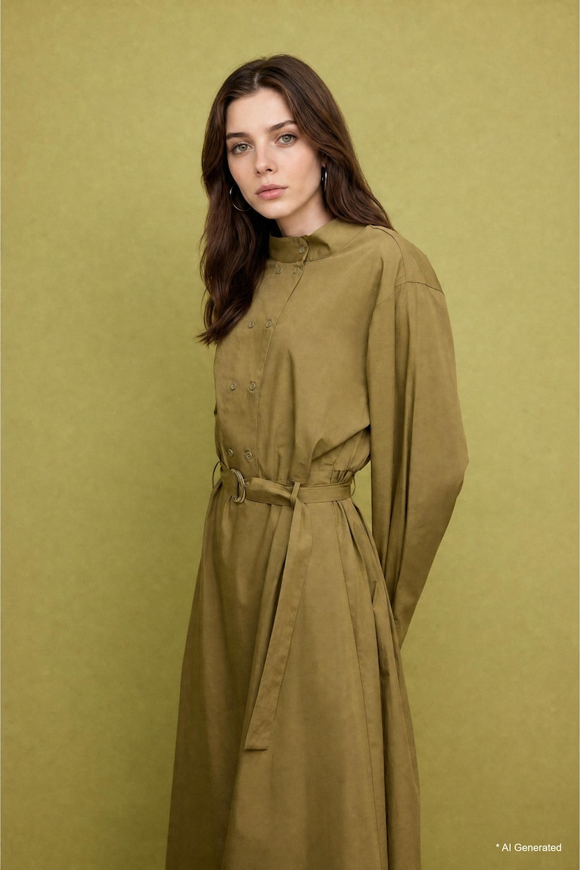 Women Khaki Khaki 100% Cotton Poplin Long Sleeve Maxi Dress