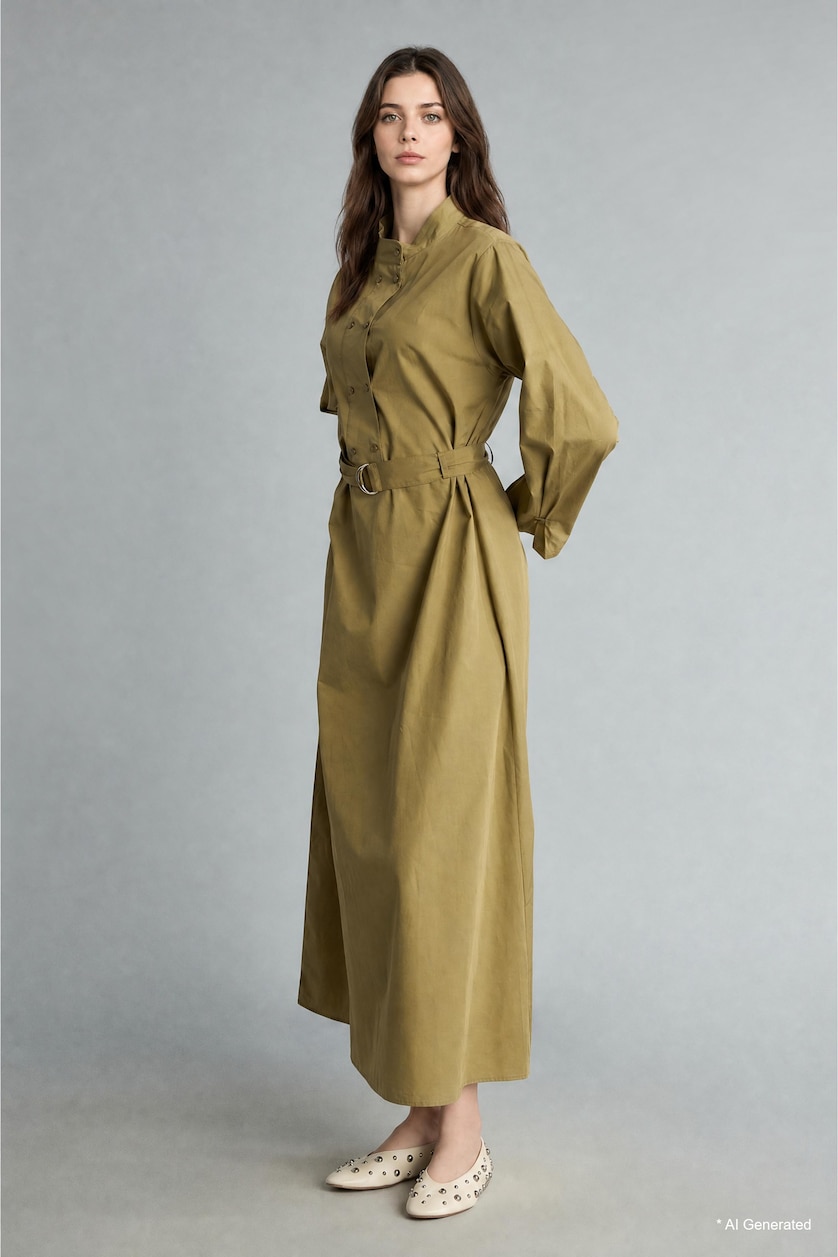 Women Khaki Khaki 100% Cotton Poplin Long Sleeve Maxi Dress