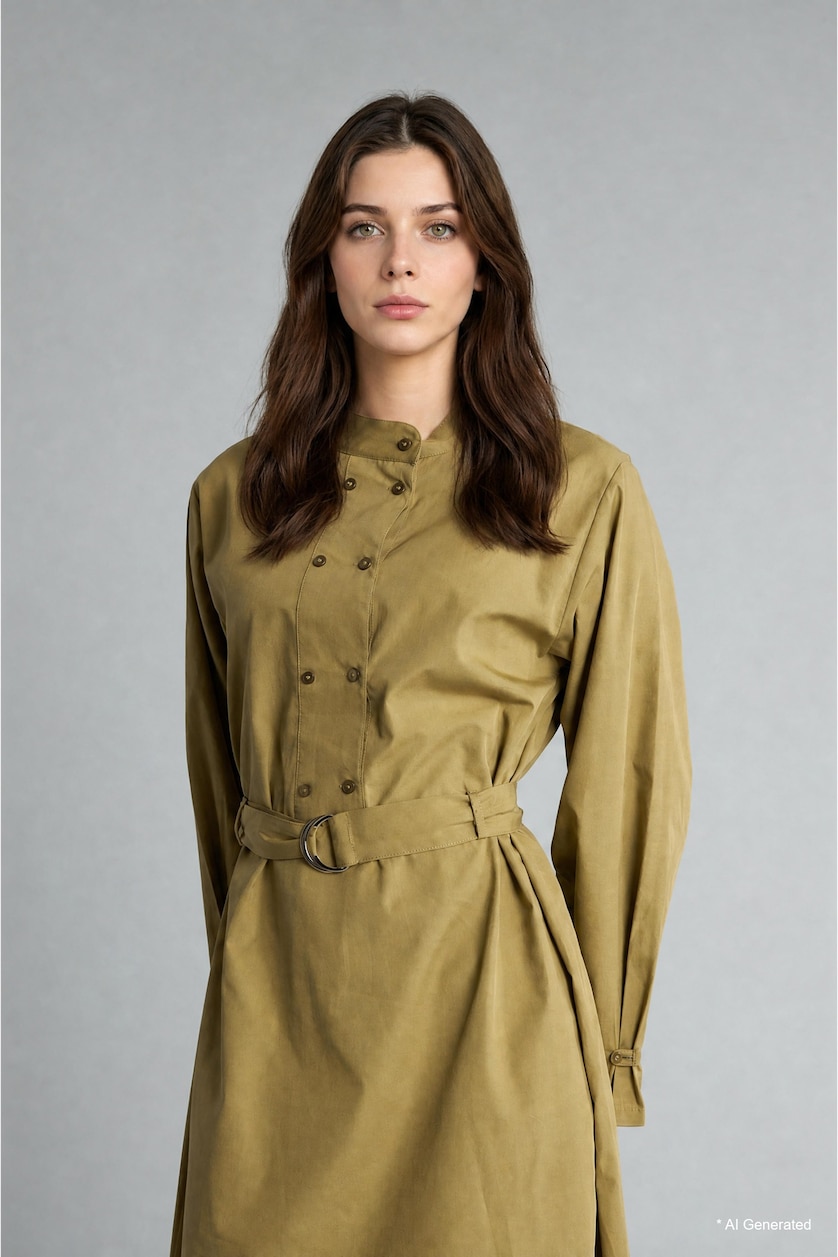 Women Khaki Khaki 100% Cotton Poplin Long Sleeve Maxi Dress