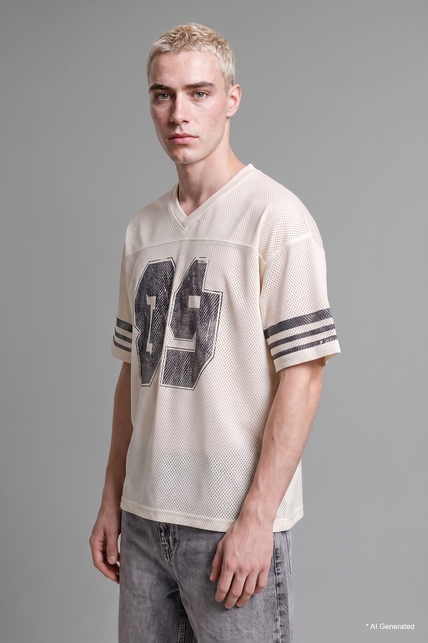 Erkek Ekru Loose Fit Baskılı Kısa Kollu Tişört
