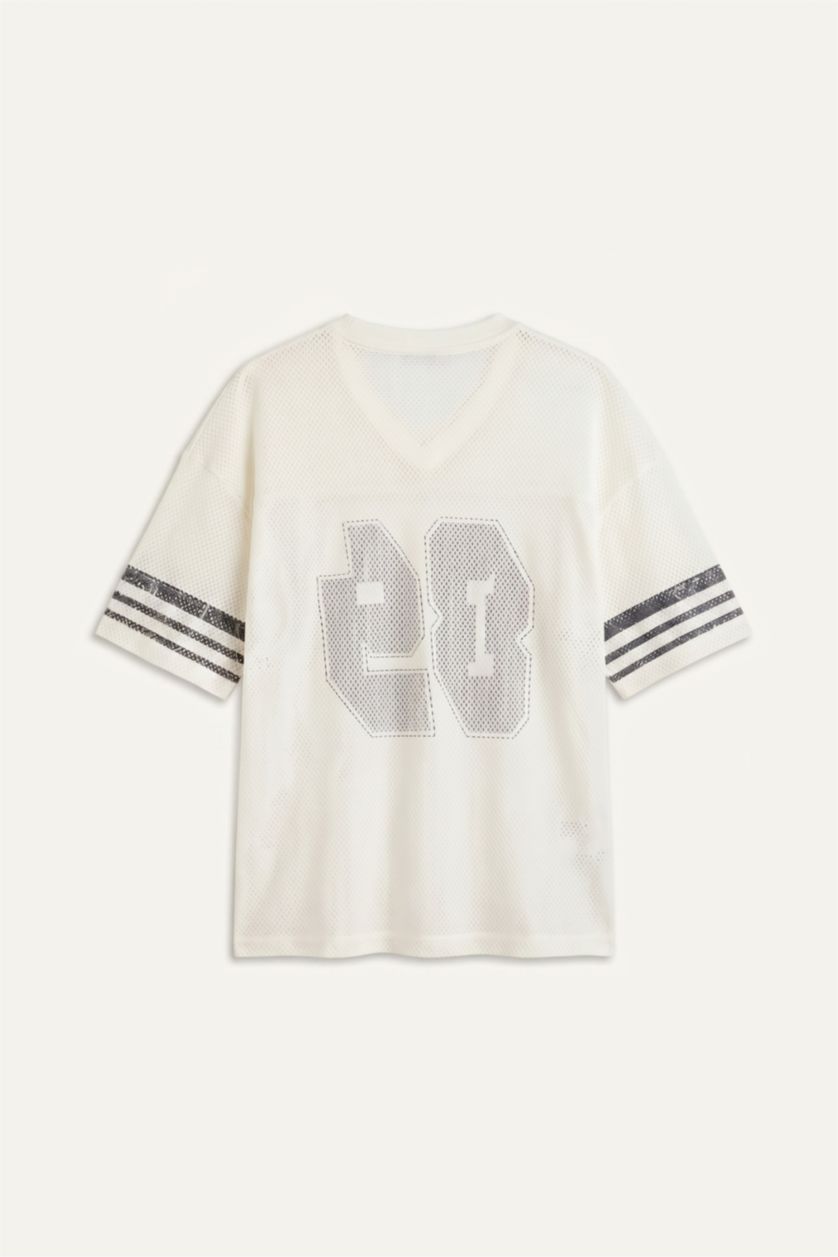 Erkek Ekru Loose Fit Baskılı Kısa Kollu Tişört