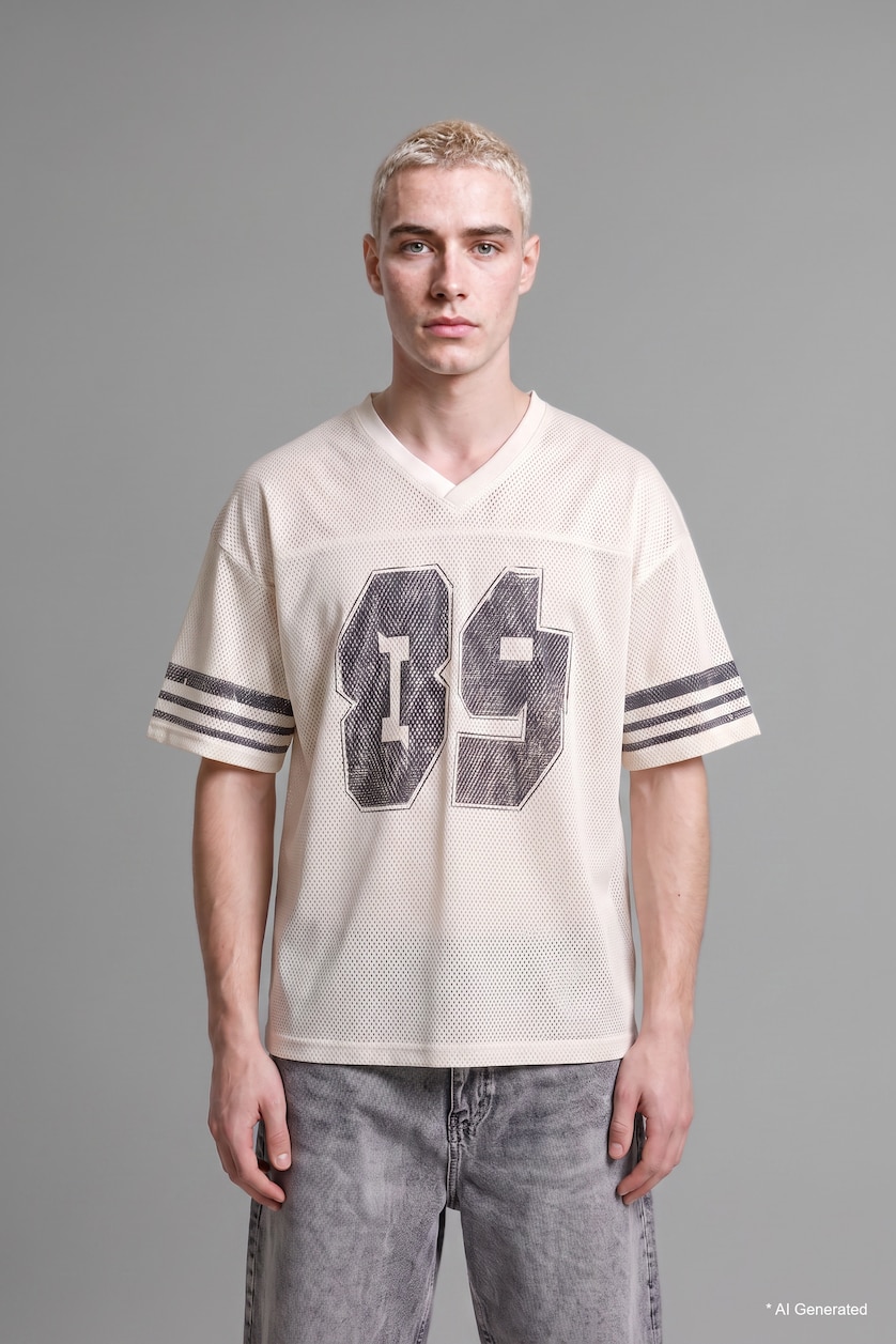 Erkek Ekru Loose Fit Baskılı Kısa Kollu Tişört