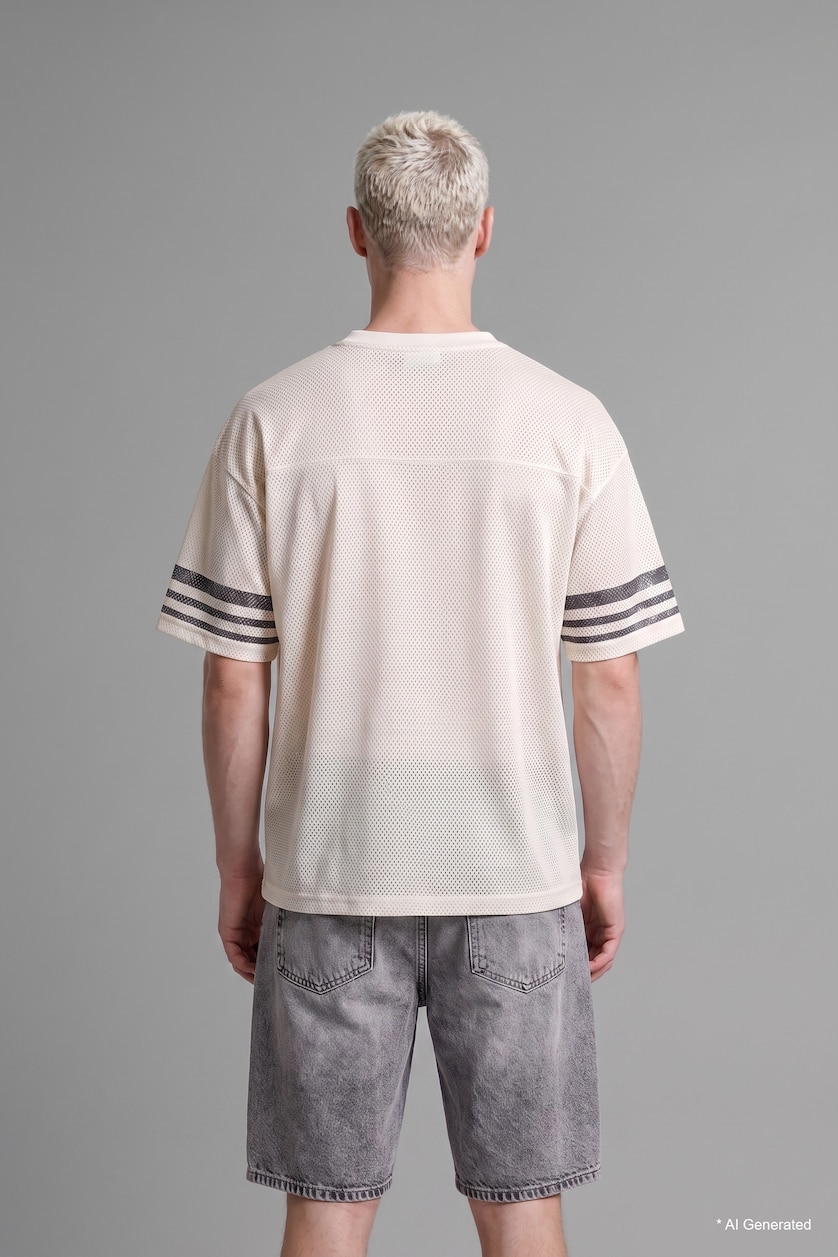 Erkek Ekru Loose Fit Baskılı Kısa Kollu Tişört