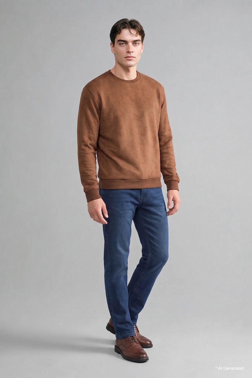 Man Light Brown Crew Neck Long Sleeve Sweatshirt