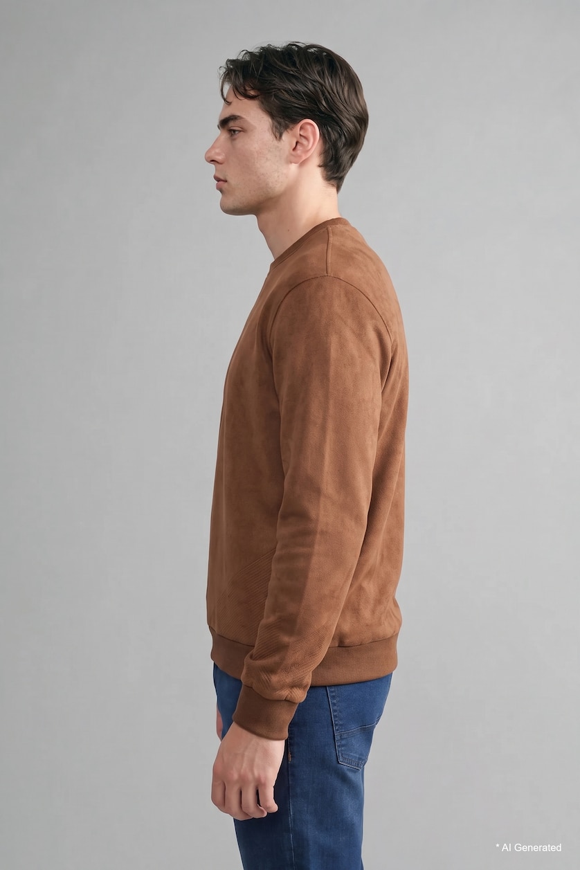 Man Light Brown Crew Neck Long Sleeve Sweatshirt