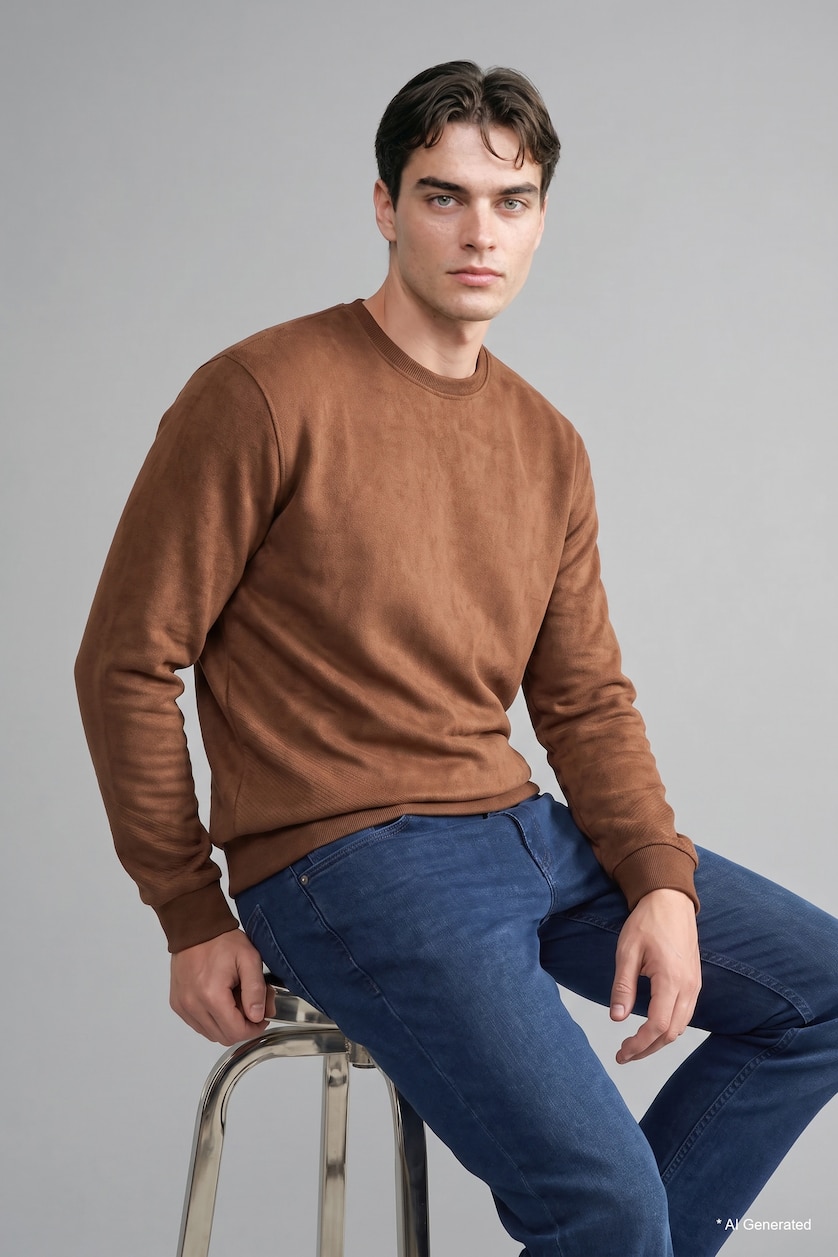 Man Light Brown Crew Neck Long Sleeve Sweatshirt
