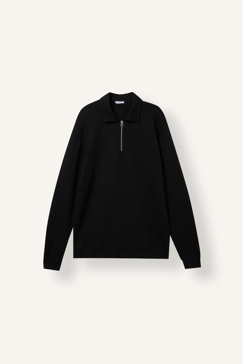 Erkek Siyah Regular Fit Fermuarlı Polo Basic Sweatshirt