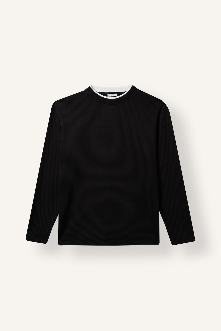 Erkek Siyah Regular Fit Çift Yaka Uzun Kollu Basic Tişört