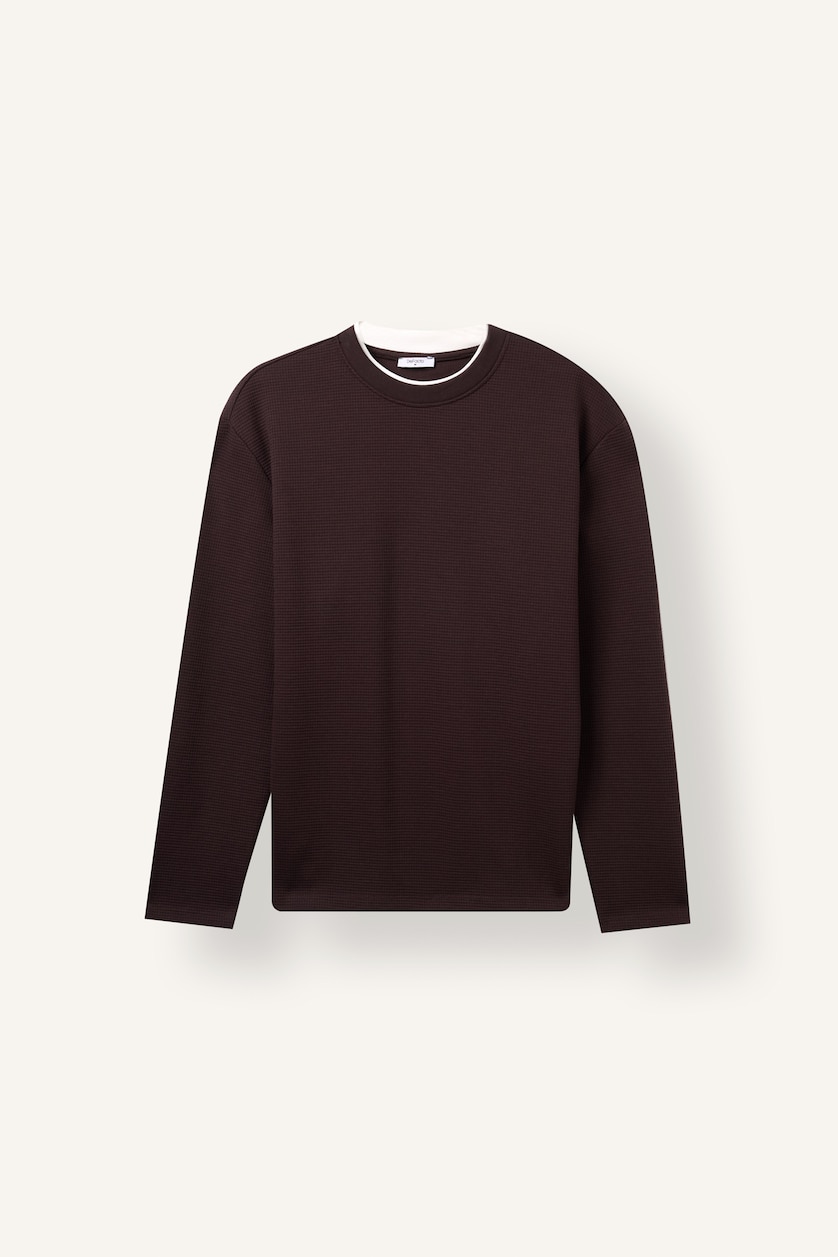 Erkek Kahve Regular Fit Çift Yaka Uzun Kollu Basic Tişört