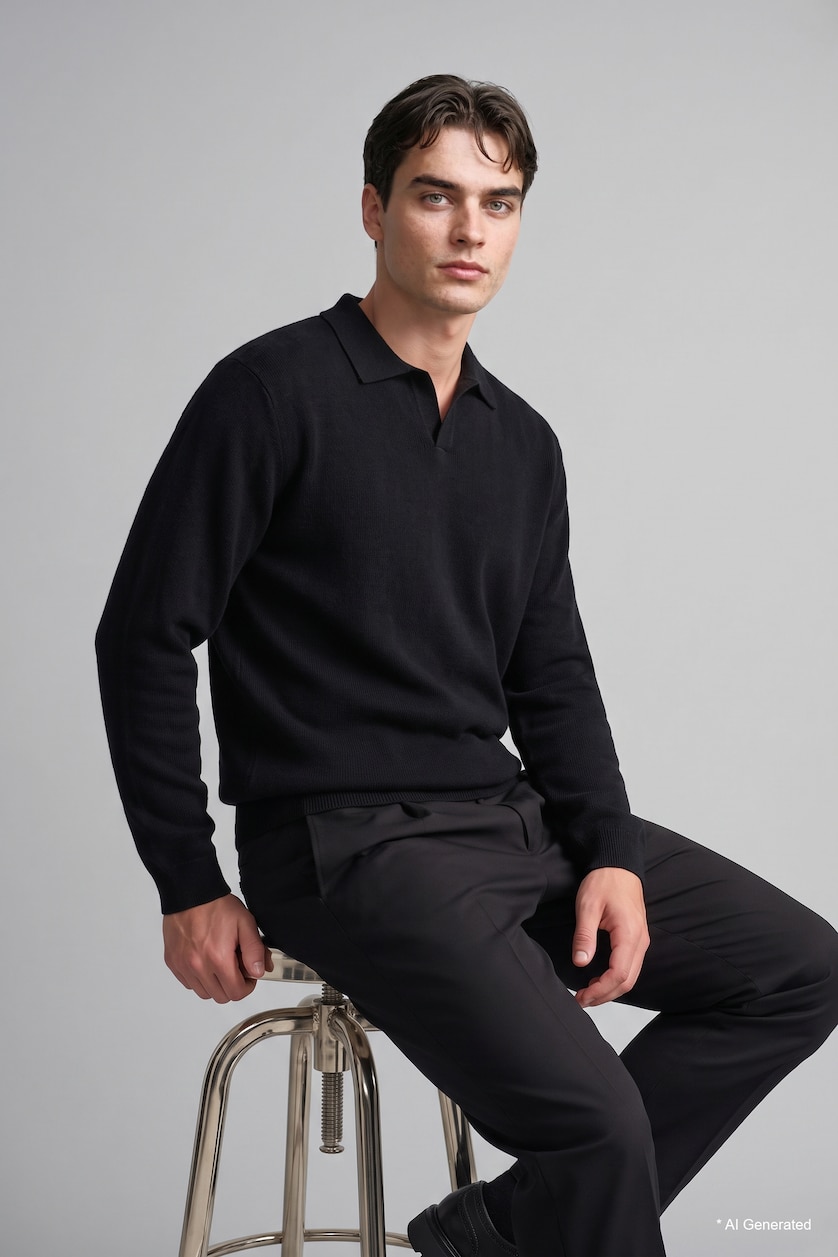 MAN Black Polo Collar Long Sleeve Sweatshirt