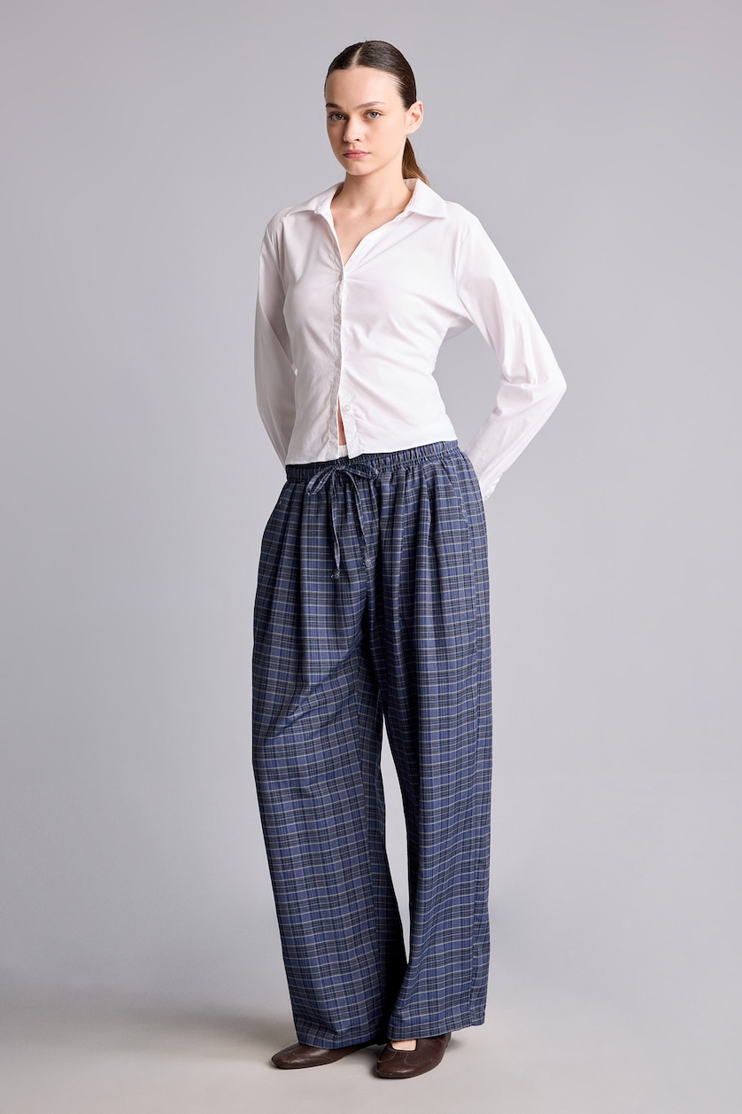 Kadın Lacivert Ekoseli Wide Leg Pantolon