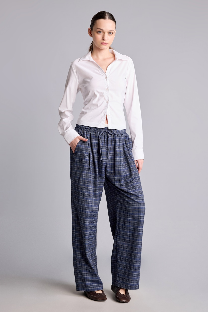 Kadın Lacivert Ekoseli Wide Leg Pantolon