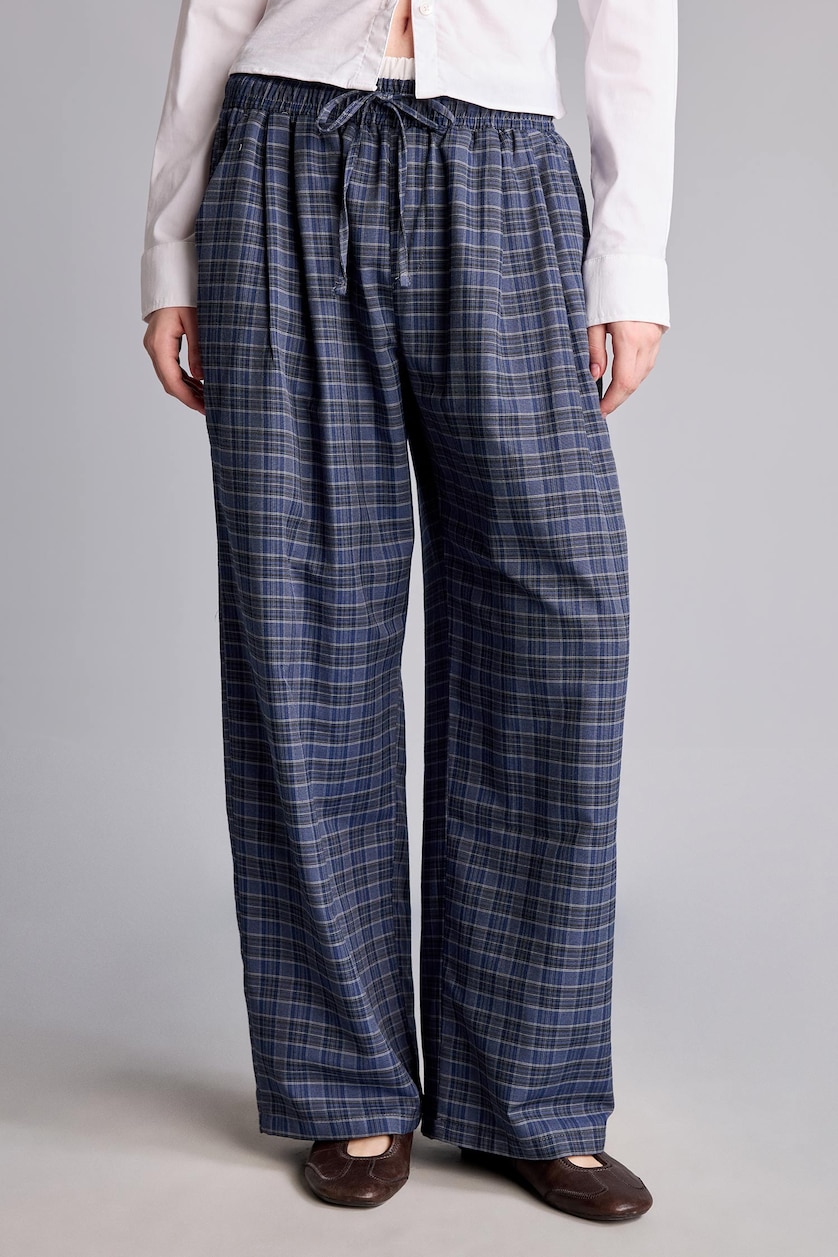Kadın Lacivert Ekoseli Wide Leg Pantolon