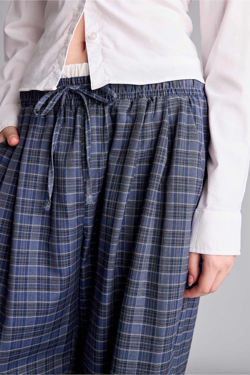 Kadın Lacivert Ekoseli Wide Leg Pantolon
