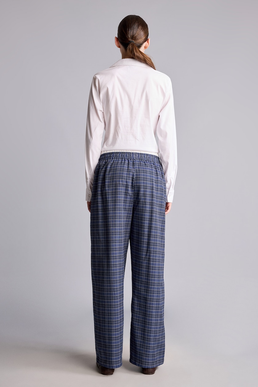 Kadın Lacivert Ekoseli Wide Leg Pantolon