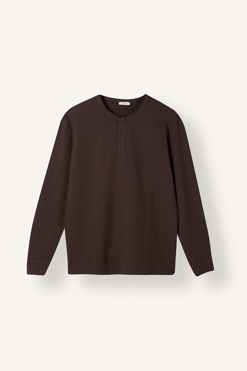 MAN Brown Regular Fit Waffle Textured Henley Collar Basic T-Shirt