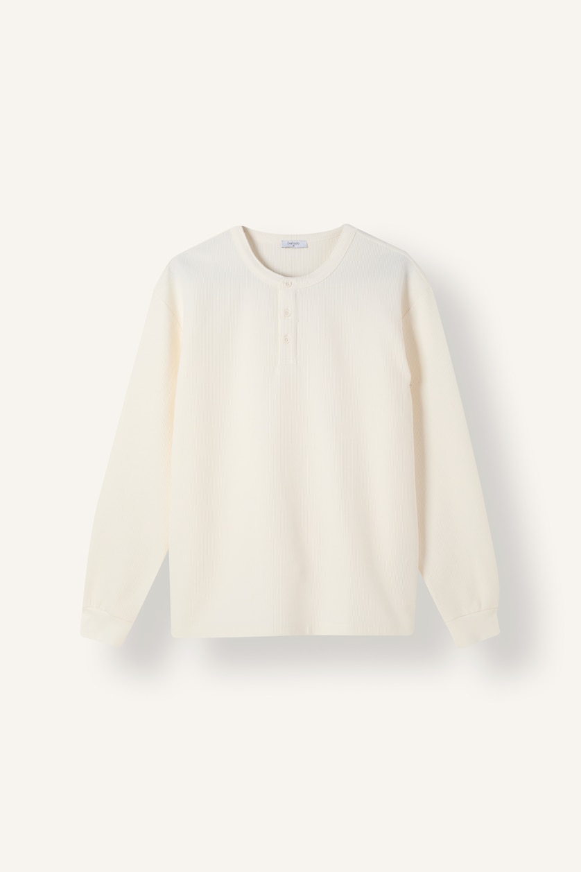 MAN Ecru Regular Fit Waffle Textured Henley Collar Basic T-Shirt