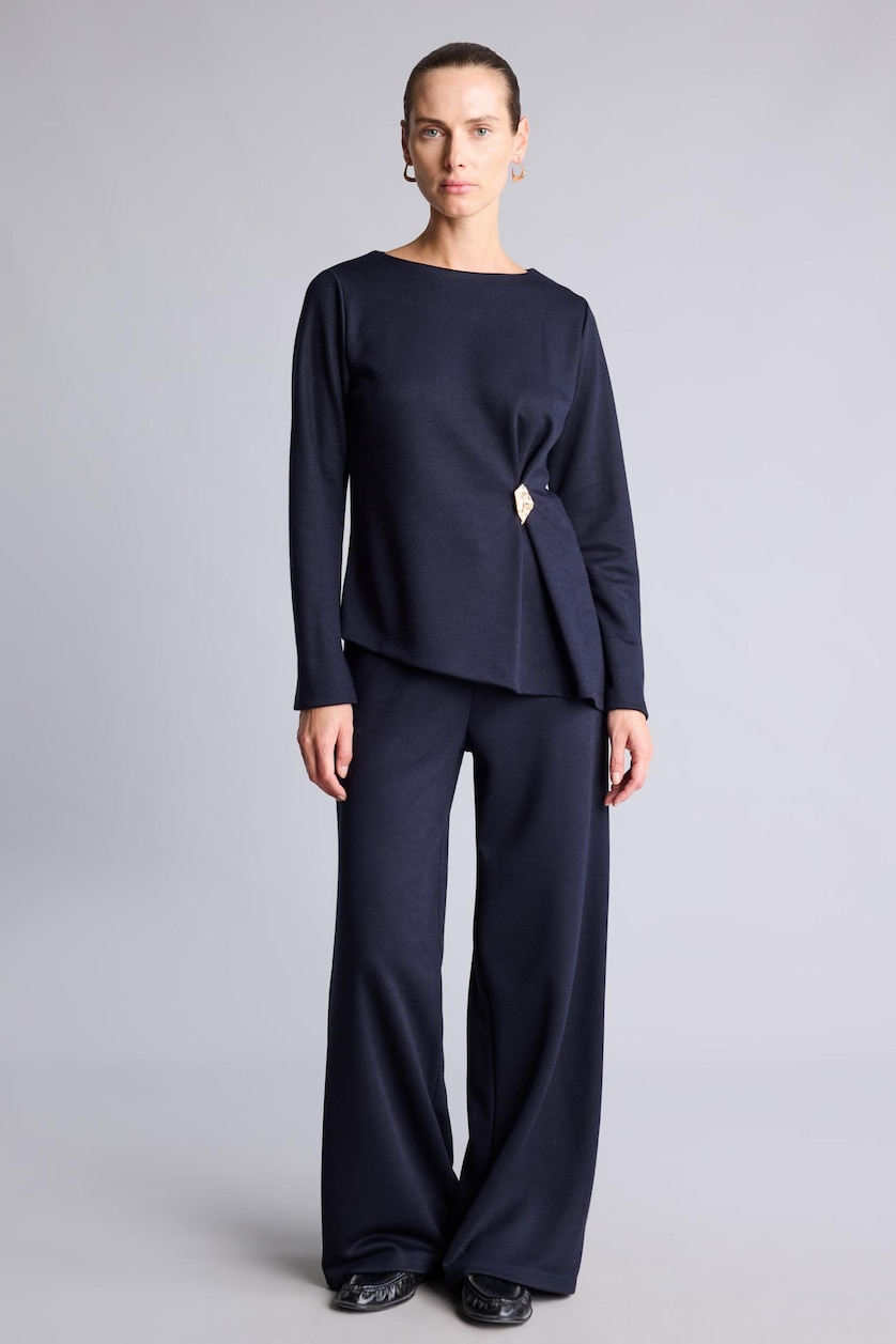 Women NAVY Asymmetric Pique Long Sleeve T-Shirt