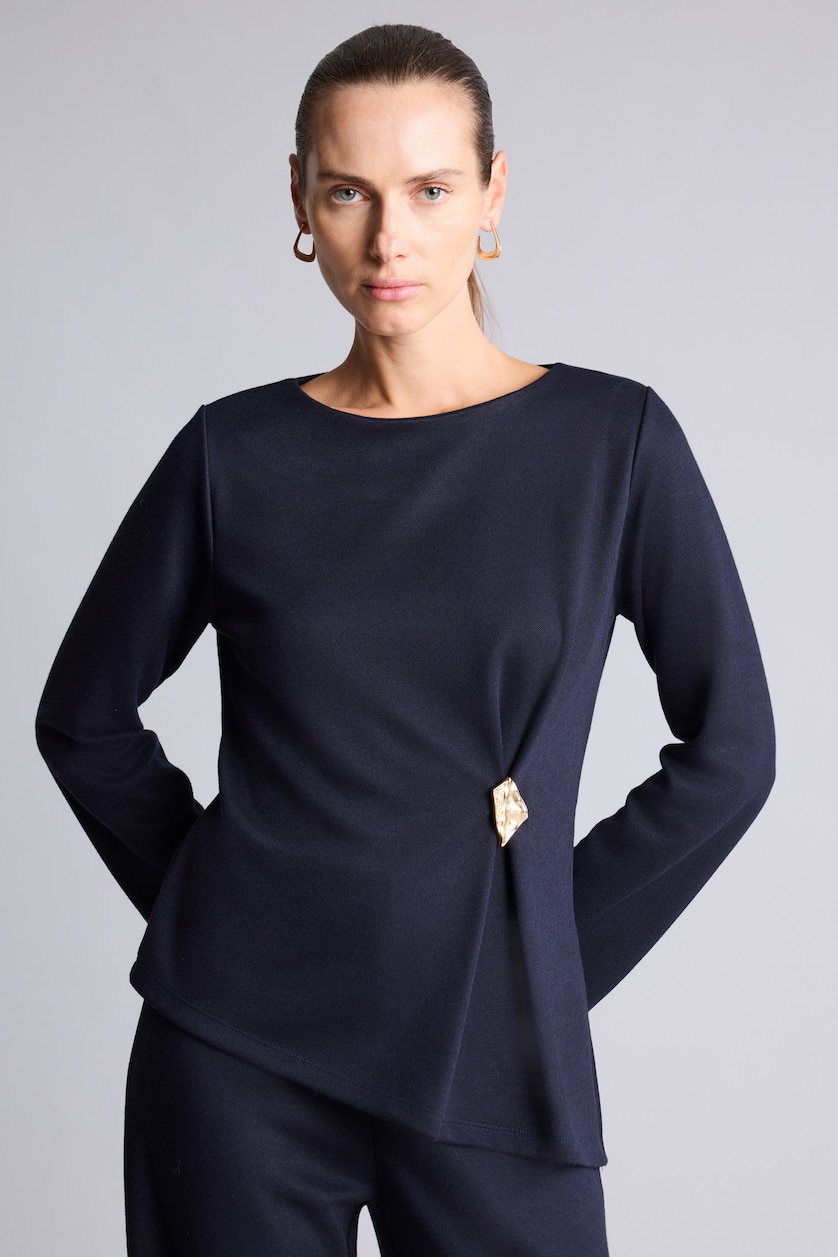 Women NAVY Asymmetric Pique Long Sleeve T-Shirt