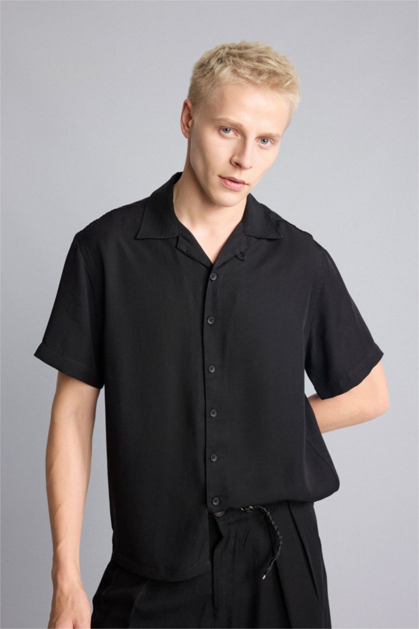 Erkek Siyah Boxy Fit Kısa Kollu Tencel Gömlek