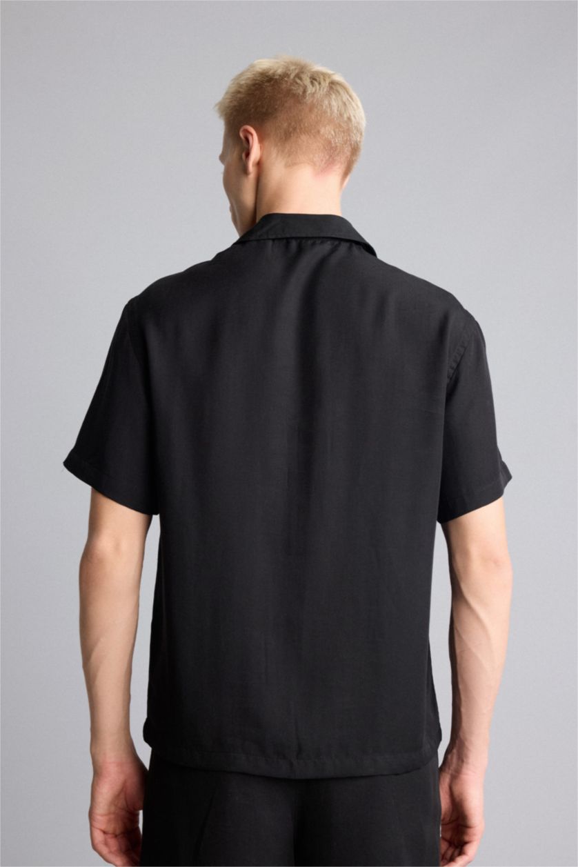 Erkek Siyah Boxy Fit Kısa Kollu Tencel Gömlek