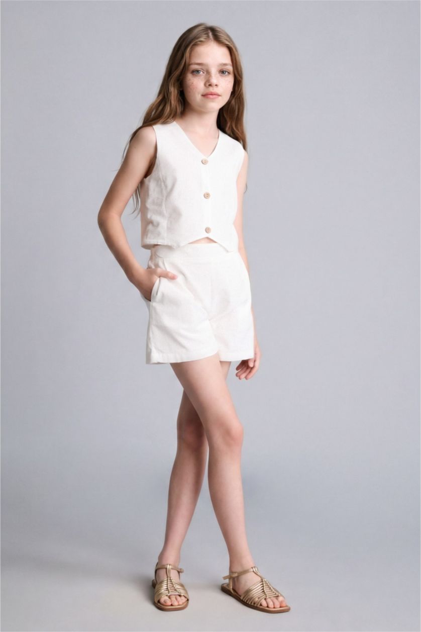Young Girls - Teen Girls Ecru Girl Cotton Buttoned Vest Top Shorts 2 Piece Set