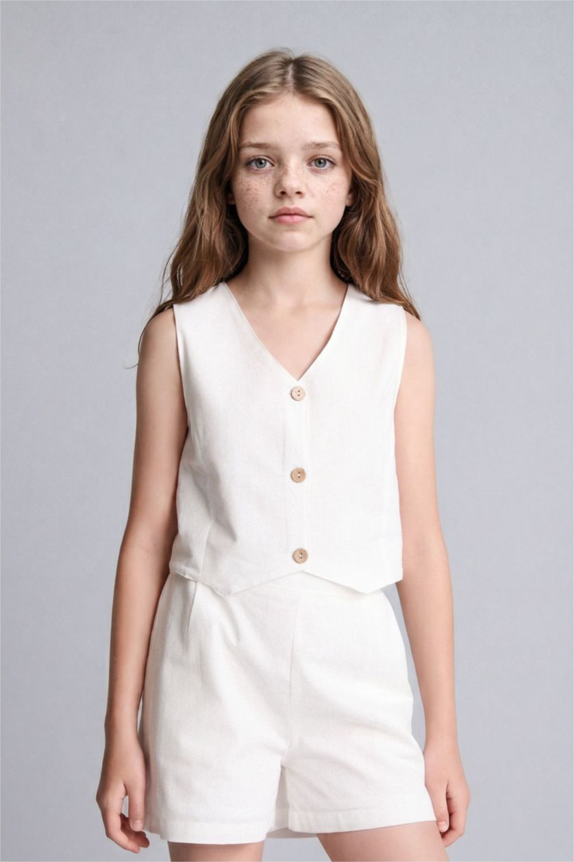 Young Girls - Teen Girls Ecru Girl Cotton Buttoned Vest Top Shorts 2 Piece Set