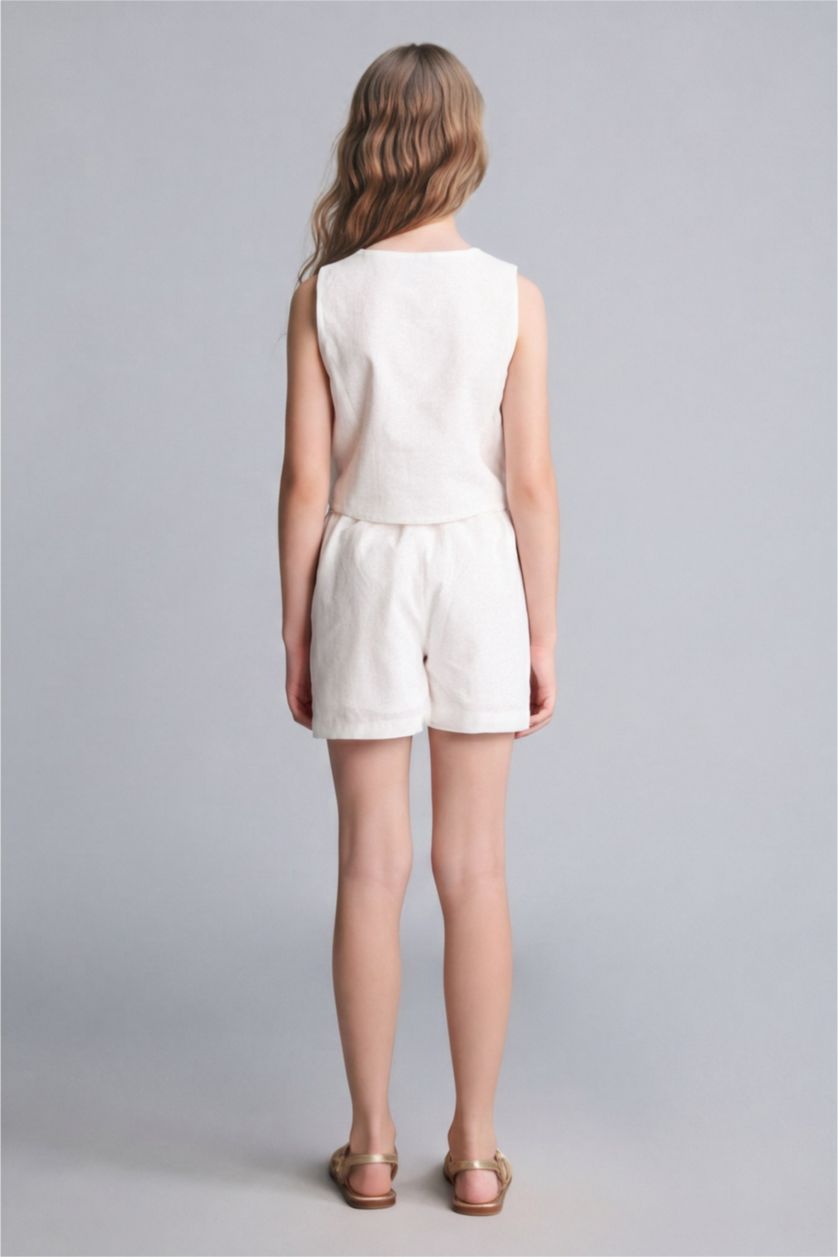 Young Girls - Teen Girls Ecru Girl Cotton Buttoned Vest Top Shorts 2 Piece Set