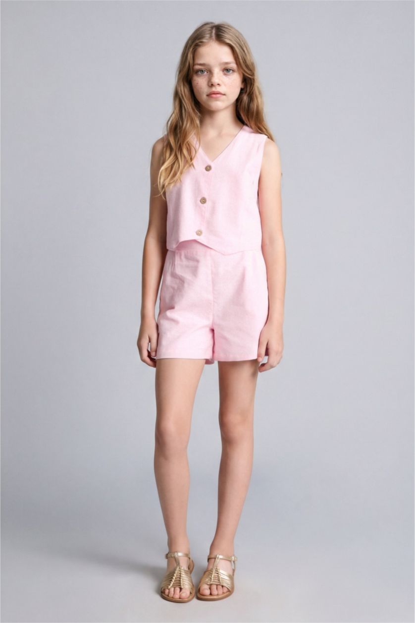 Young Girls - Teen Girls Light Pink Girl Cotton Buttoned Vest Top Shorts 2 Piece Set