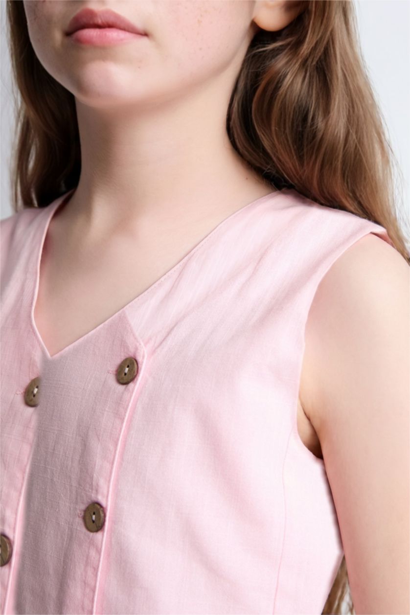 Young Girls - Teen Girls Light Pink Girl Cotton Buttoned Vest Top Shorts 2 Piece Set