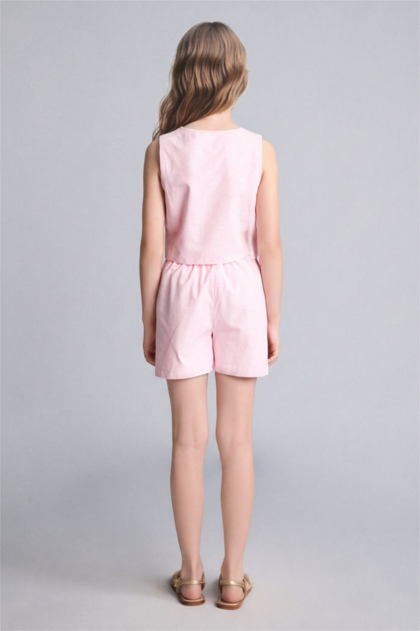 Young Girls - Teen Girls Light Pink Girl Cotton Buttoned Vest Top Shorts 2 Piece Set