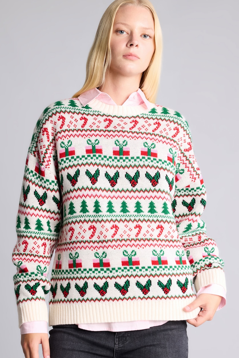 WOMAN Ecru Regular Fit Crew Neck Knitted Christmas Pullover