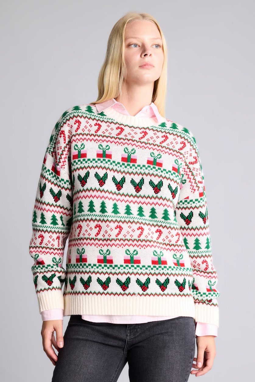 WOMAN Ecru Regular Fit Crew Neck Knitted Christmas Pullover