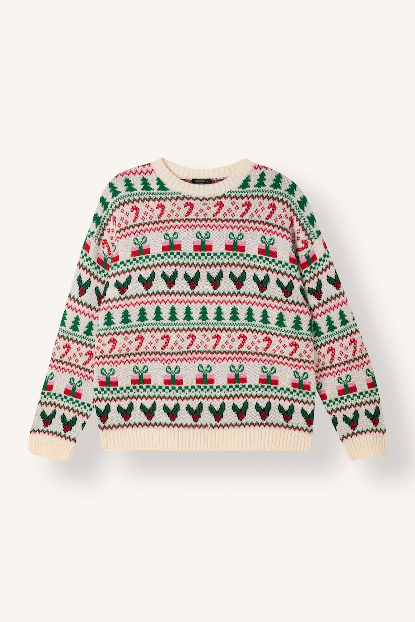 WOMAN Ecru Regular Fit Crew Neck Knitted Christmas Pullover