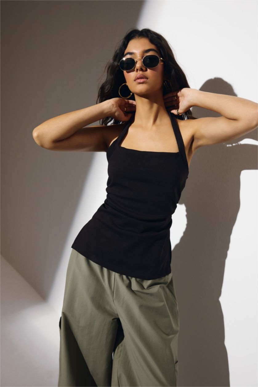 WOMAN Black Slim Fit Halter Neck Black Top