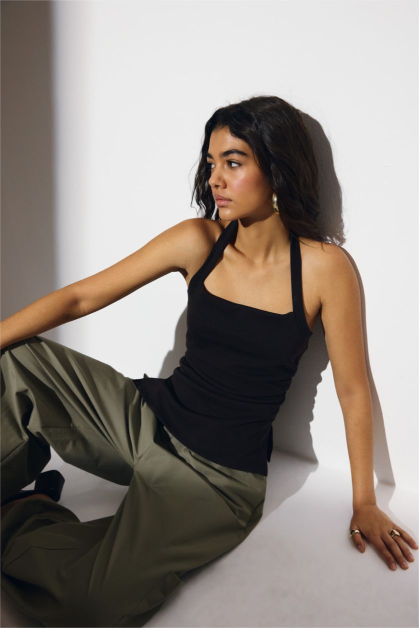WOMAN Black Slim Fit Halter Neck Black Top