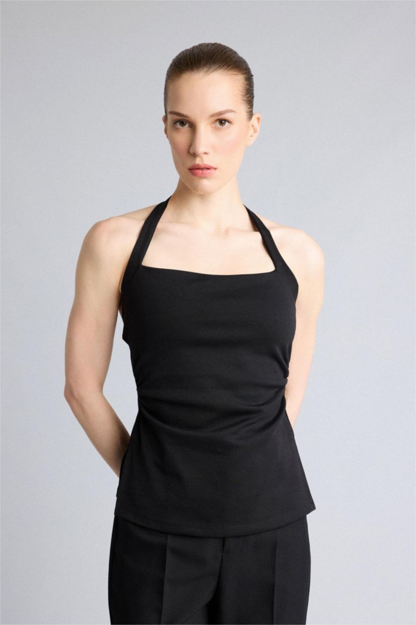 WOMAN Black Slim Fit Halter Neck Black Top