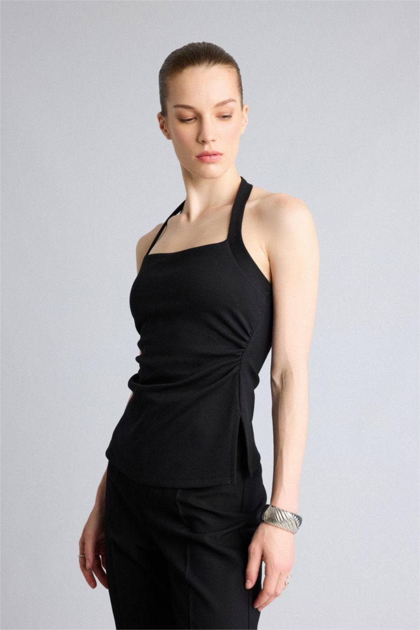 WOMAN Black Slim Fit Halter Neck Black Top