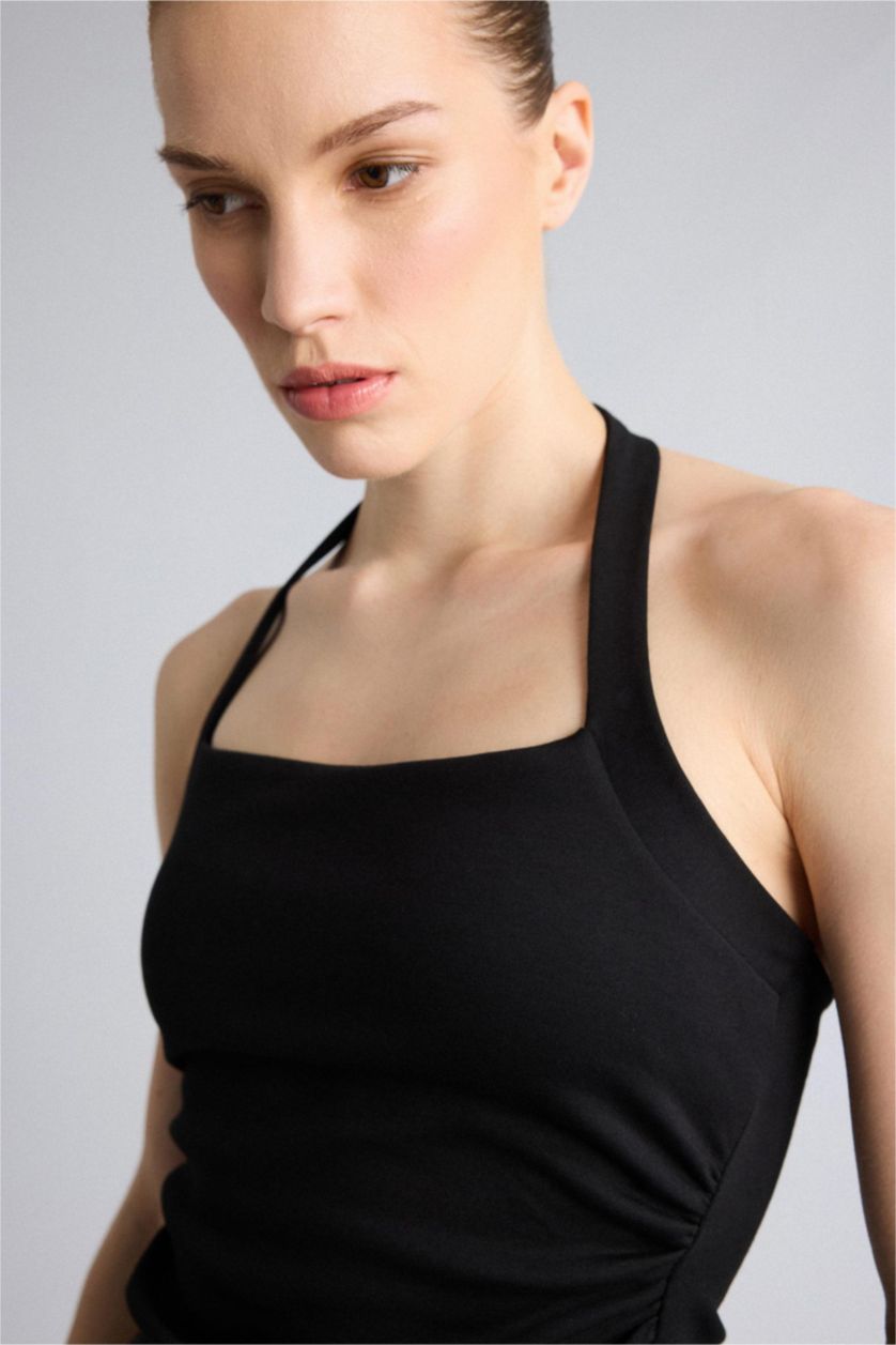 WOMAN Black Slim Fit Halter Neck Black Top
