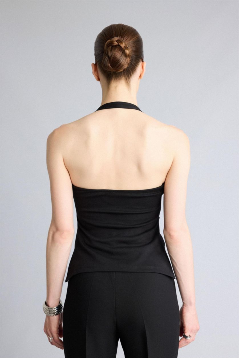 WOMAN Black Slim Fit Halter Neck Black Top
