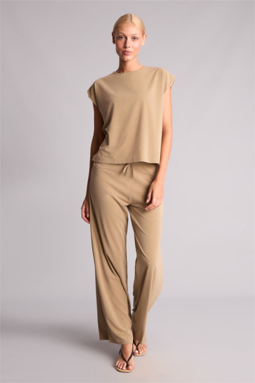 Women Beige Wide Leg Crepe Trousers