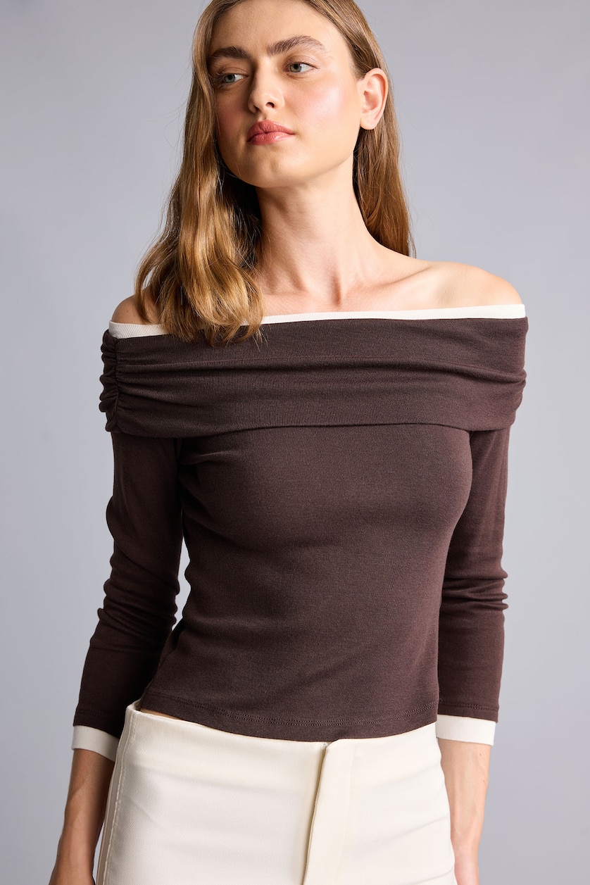 Kadın Kahve Slim Fit Omzu Açık Ribana Basic Tişört