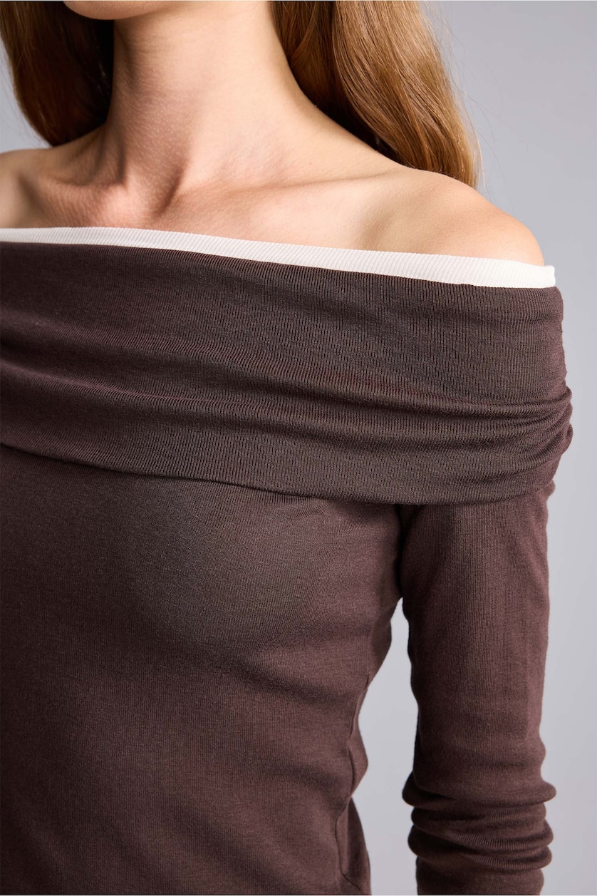 Kadın Kahve Slim Fit Omzu Açık Ribana Basic Tişört