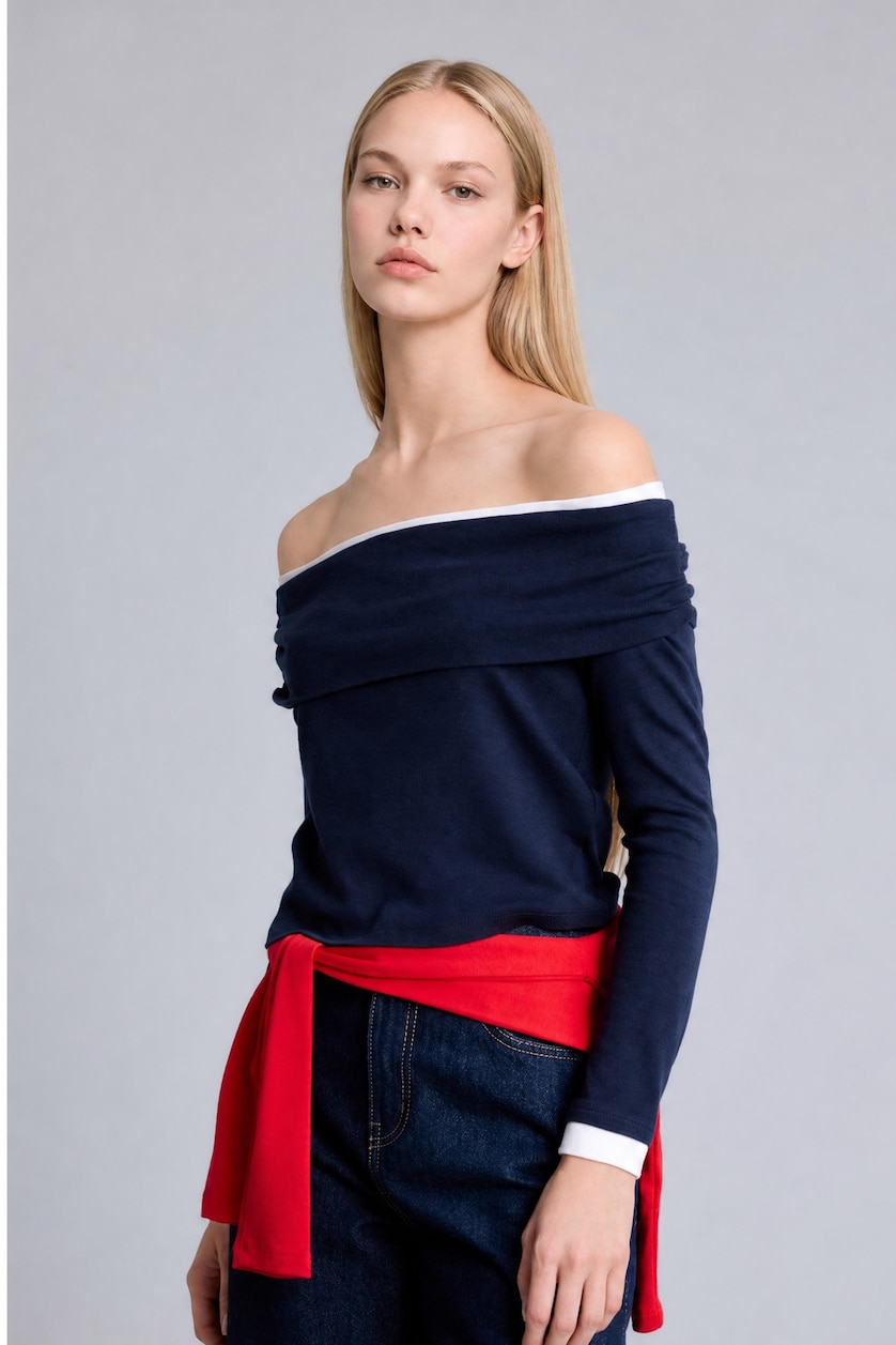 Kadın Lacivert Slim Fit Omzu Açık Ribana Basic Tişört