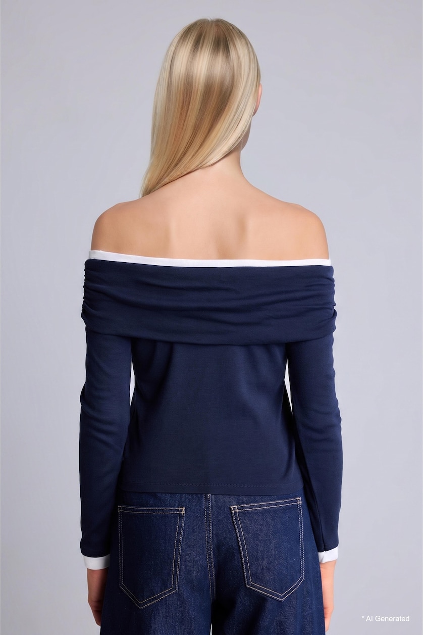 Women NAVY Slim Fit Off Shoulder Ribana Long Sleeve T-Shirt