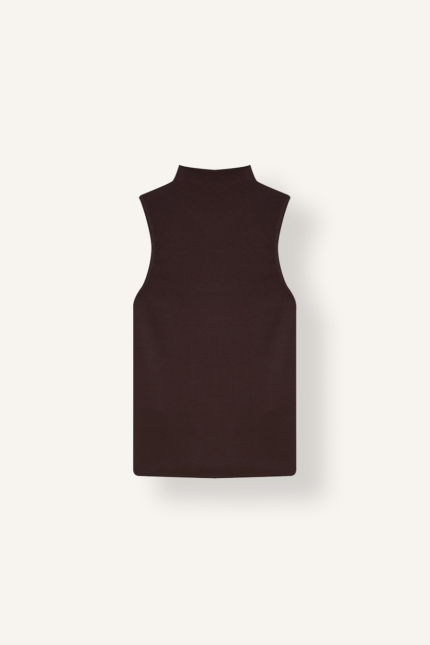 Women Brown Slim Fit Ribana Half Turtleneck Sleeveless Tank Top