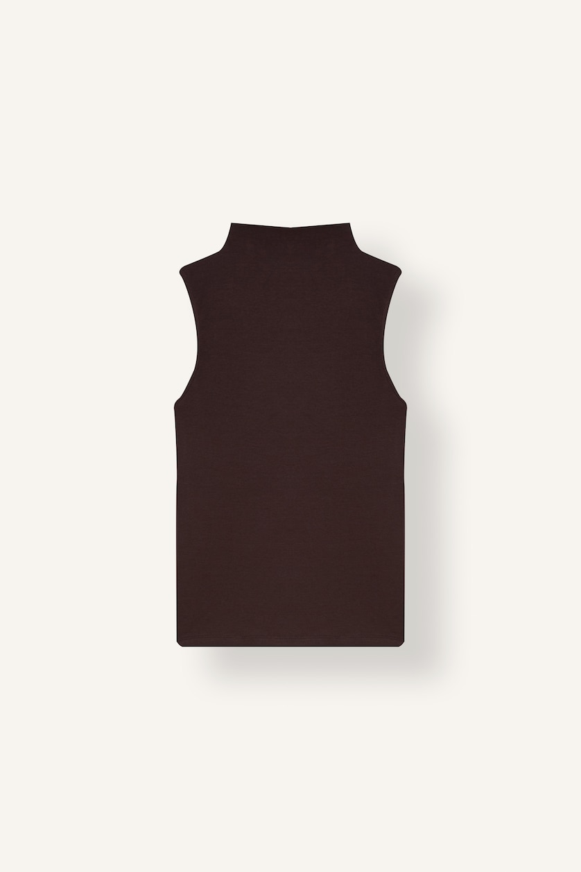Women Brown Slim Fit Ribana Half Turtleneck Sleeveless Tank Top