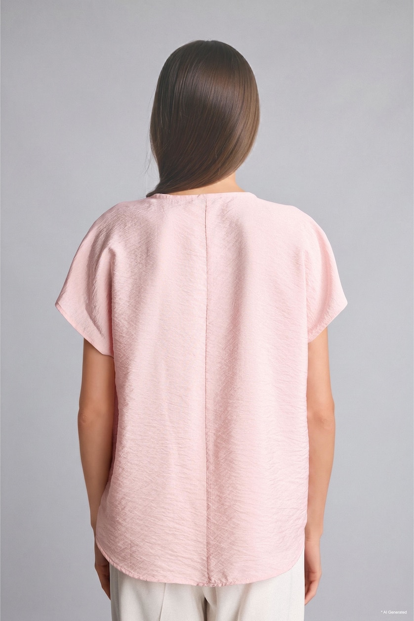 Women Light Pink Light Pink Crew Neck Short Sleeve Blouse