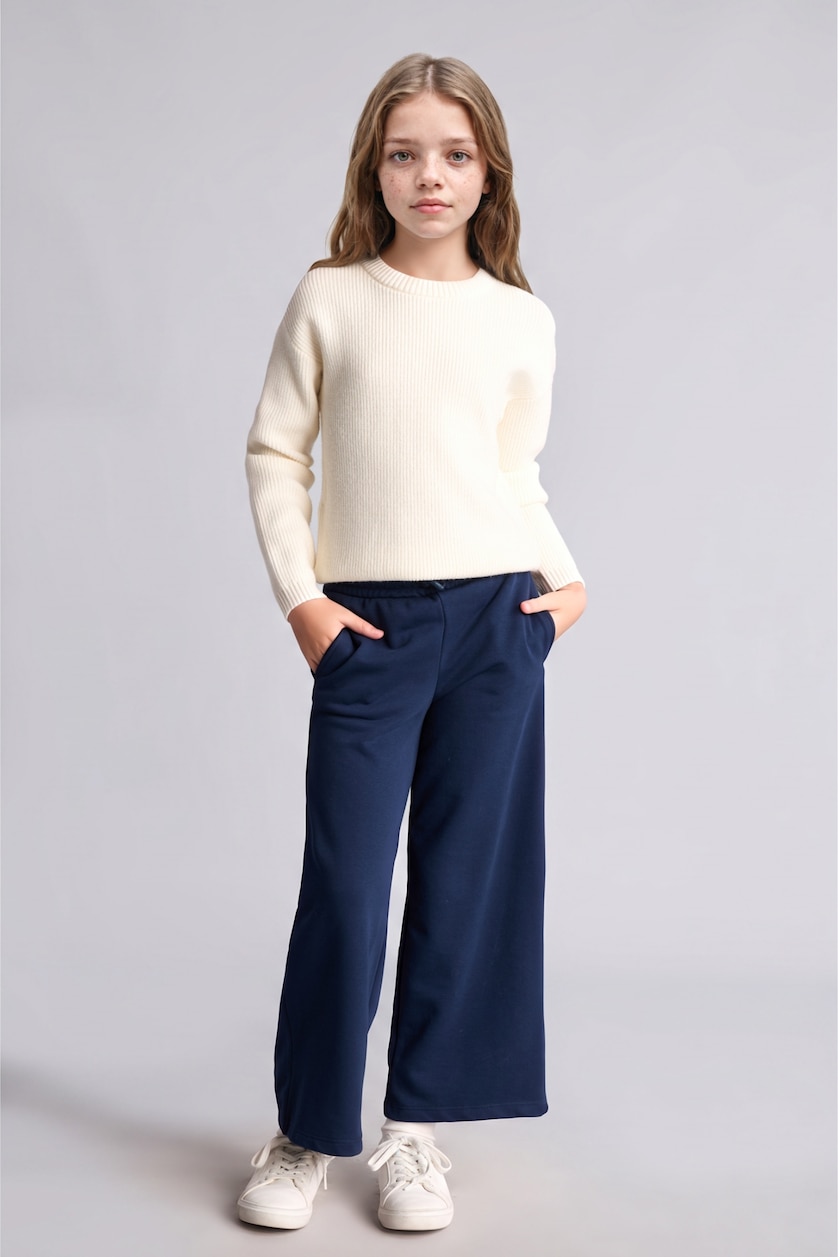Kız Çocuk - Genç Kız Lacivert Cepli Wide Leg Pantolon Kız Çocuk